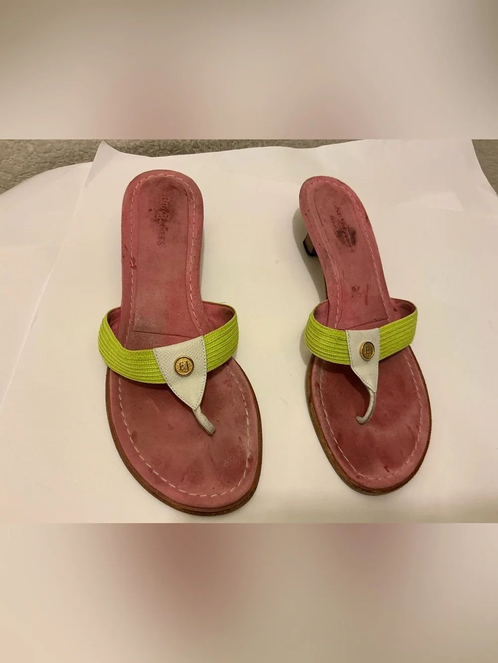 Eric Javits Pink Footbed Lime Strap Thong Sandals